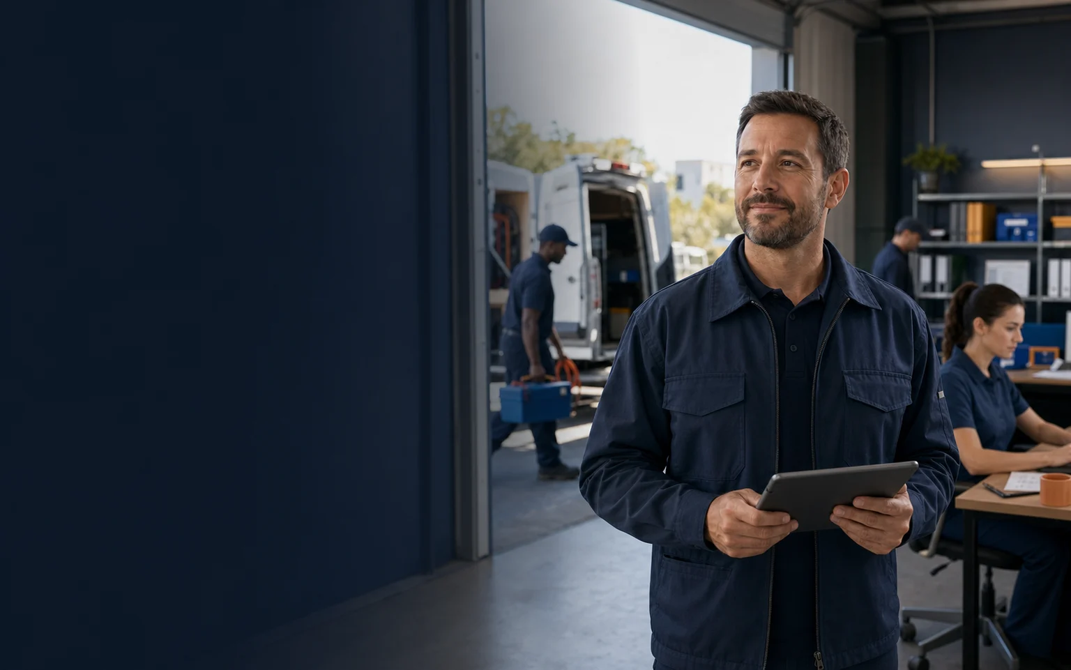 An operations manager with a tablet connecting a field crew and an office coordinator